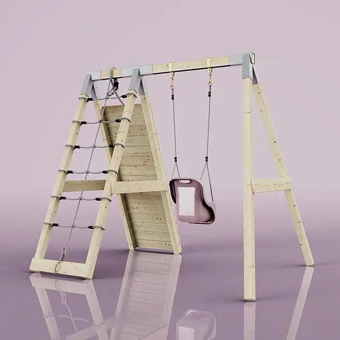 OutdoorToys Schaukel Klettergerüst Schneehase - B x L: 183 x 202 cm, Holz - Hölzerner A-Rahmen Klettergerüst mit Seilnetz und rosa Babyschaukel.