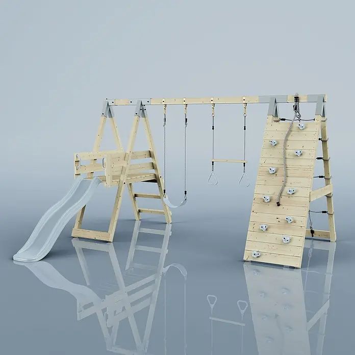 OutdoorToys Schaukel Klettergerüst Krokodil - B x L: 288 x 370 cm, Holz - Hölzernes Spielgerüst mit hellgrauer Rutsche, Schaukel, Turnringen und Kletterwand mit Seil.