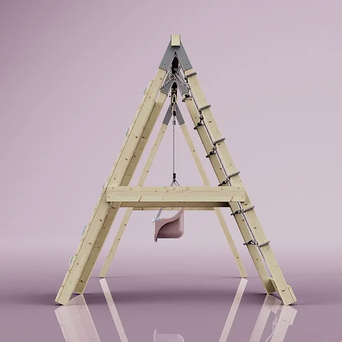 OutdoorToys Schaukel Klettergerüst Schneehase - B x L: 183 x 202 cm, Holz - Hölzernes A-Rahmen-Spielgerüst mit rosa Babyschaukel, Klettergriffen und Strickleiter.