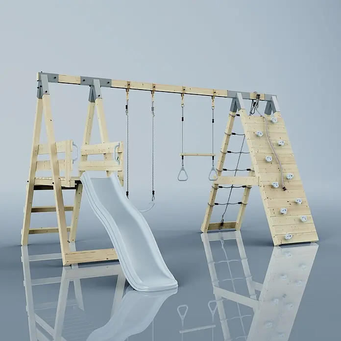 OutdoorToys Schaukel Klettergerüst Krokodil - B x L: 288 x 370 cm, Holz - Spielturm aus Holz mit Rutsche, Schaukeln, Kletternetz und Kletterwand. Naturholz, grauem Metall und weißem Kunststoff.