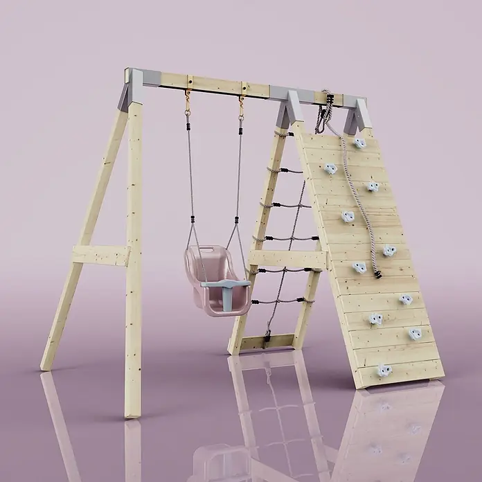 OutdoorToys Schaukel Klettergerüst Schneehase - B x L: 183 x 202 cm, Holz - Hölzernes Spielset mit rosa Babyschaukel, grauem Kletternetz und Kletterwand mit weißen Griffen.
