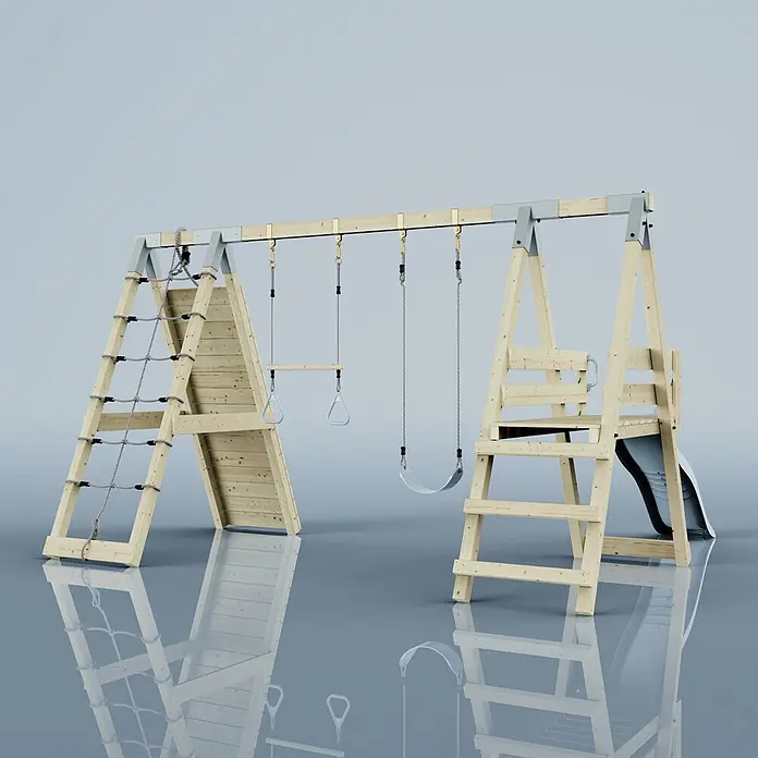 OutdoorToys Schaukel Klettergerüst Krokodil - B x L: 288 x 370 cm, Holz - Hölzernes Outdoor-Spielgerät mit Kletternetz, Schaukel, Turnringen und Rutsche.