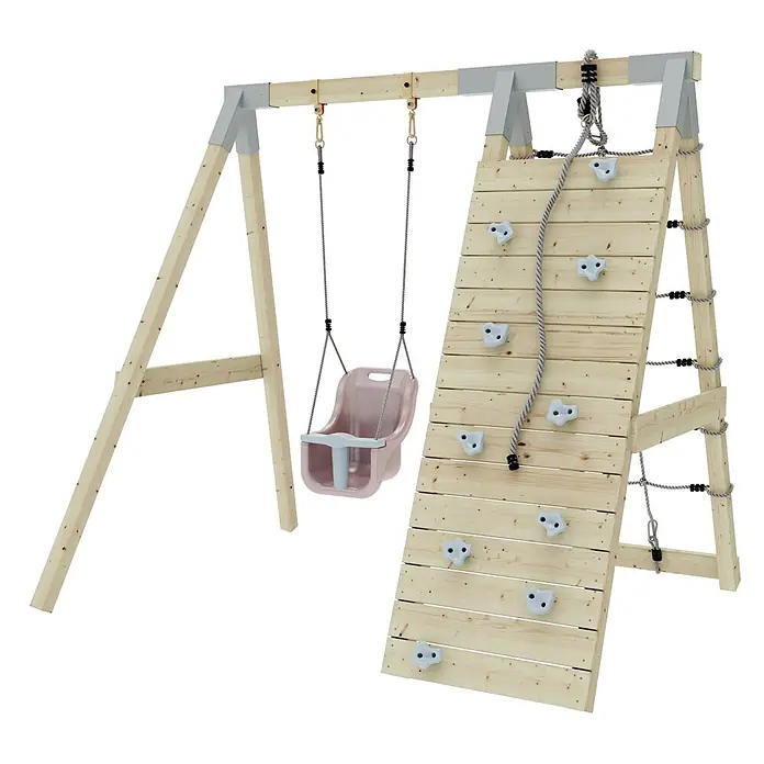 OutdoorToys Schaukel Klettergerüst Schneehase - B x L: 183 x 202 cm, Holz - Holzschaukel mit rosa Babyschaukel, Kletterwand mit weißen Griffen und Strickleiter. Helles Holzgestell mit grauen Verbindern.