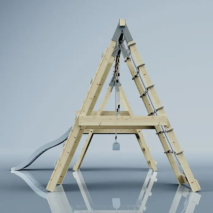 OutdoorToys Schaukel Klettergerüst Krokodil - B x L: 288 x 370 cm, Holz - Hölzernes A-Rahmen Klettergerüst mit Rutsche, Kletterseilen und Schaukel. Naturholz mit grauen Akzenten.