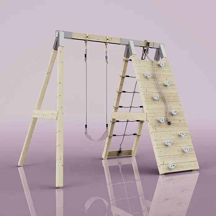 OutdoorToys Schaukel Klettergerüst Chamäleon - B x L: 183 x 202 cm, Holz - Hölzernes Spielgerüst mit Schaukel, Kletternetz und Kletterwand, mit grauen Metallverbindern und weißen Griffen.