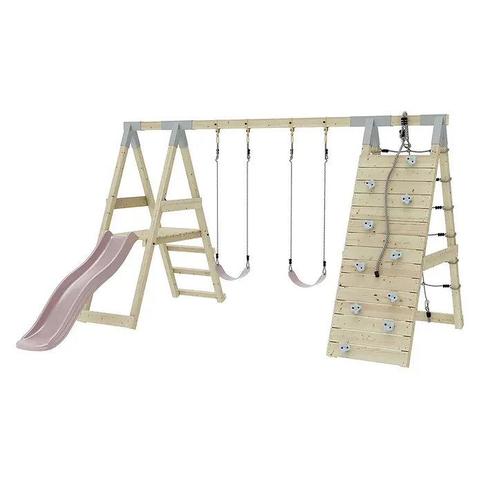 OutdoorToys Schaukel Klettergerüst Frosch - B x L: 288 x 370 cm, Holz - Holzspielplatz mit rosa Rutsche, zwei Schaukeln und Kletterwand mit weißen Griffen und Seil.