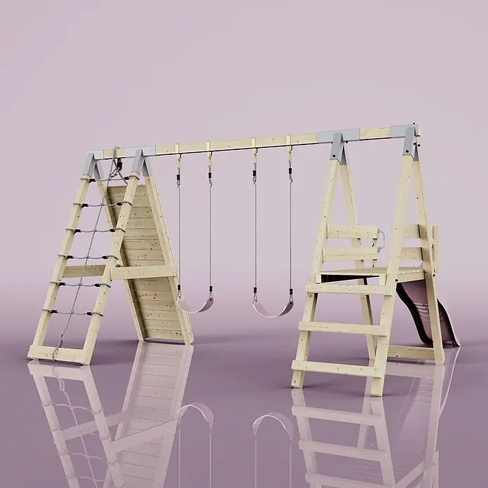 OutdoorToys Schaukel Klettergerüst Frosch - B x L: 288 x 370 cm, Holz - Spielplatz aus hellem Holz mit grauen Metallteilen, zwei rosa Schaukeln, Kletternetz und einer rosa Rutsche.