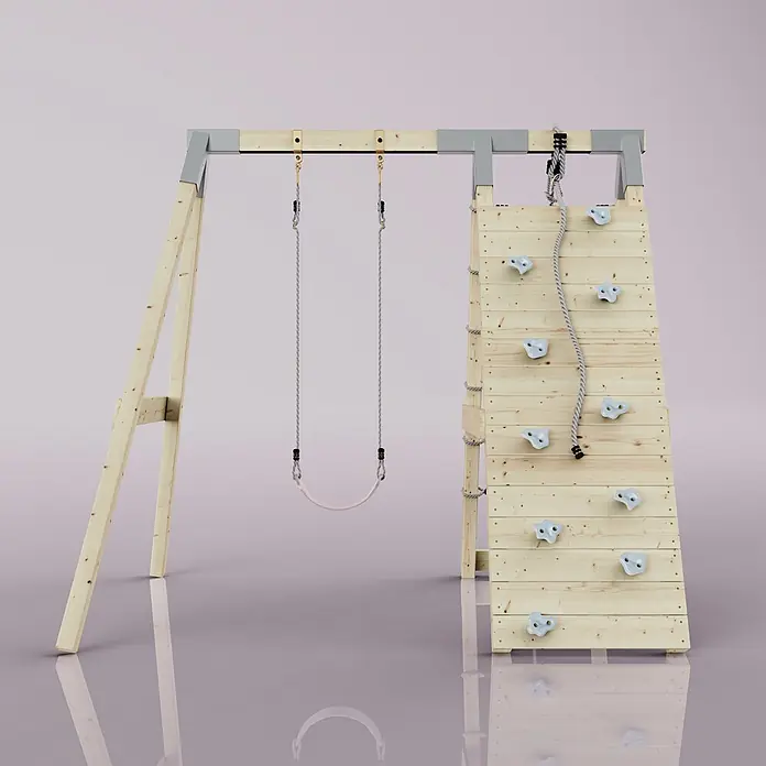 OutdoorToys Schaukel Klettergerüst Chamäleon - B x L: 183 x 202 cm, Holz - Hölzernes Schaukelgerüst mit A-Rahmen, Querbalken, rosa Schaukel und Kletterwand mit grauen Griffen und Kletterseil.