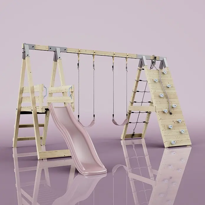 OutdoorToys Schaukel Klettergerüst Frosch - B x L: 288 x 370 cm, Holz - Hölzernes Kinderspielgerüst mit rosa Rutsche, zwei Schaukeln, Kletternetz und Kletterwand.