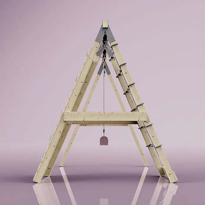 OutdoorToys Schaukel Klettergerüst Chamäleon - B x L: 183 x 202 cm, Holz - Hölzernes A-Rahmen Klettergerüst mit Seilleiter, Klettergriffen und rosafarbenem Schaukelelement.