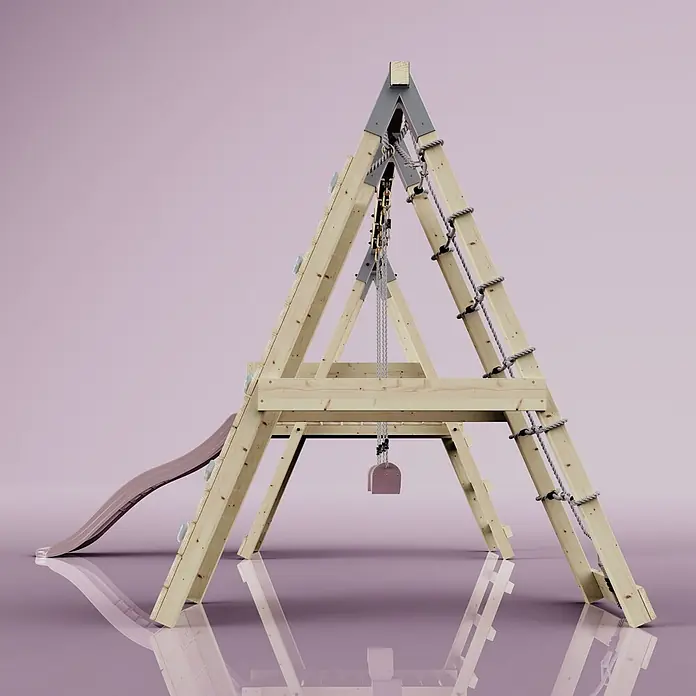 OutdoorToys Schaukel Klettergerüst Frosch - B x L: 288 x 370 cm, Holz - Hölzernes A-Rahmen-Klettergerüst mit brauner Rutsche, Strickleiter, Klettergriffen und kleiner Schaukel.