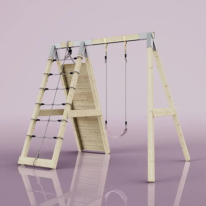 OutdoorToys Schaukel Klettergerüst Chamäleon - B x L: 183 x 202 cm, Holz - Hölzernes A-Rahmen Spielgerät mit Kletternetz, Plankenwand und rosa Schaukel.