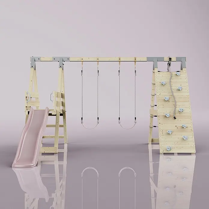 OutdoorToys Schaukel Klettergerüst Frosch - B x L: 288 x 370 cm, Holz - Holzspielplatz mit rosa Rutsche, zwei Schaukeln und Kletterwand mit hellblauen Griffen.