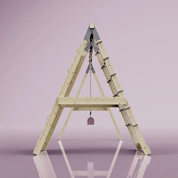 OutdoorToys Schaukel Klettergerüst Biene - B x L: 183 x 322 cm, Holz - Hölzernes A-Rahmen-Spielgerüst mit Klettergriffen, Strickleiter und einem mittigen Hängeelement.