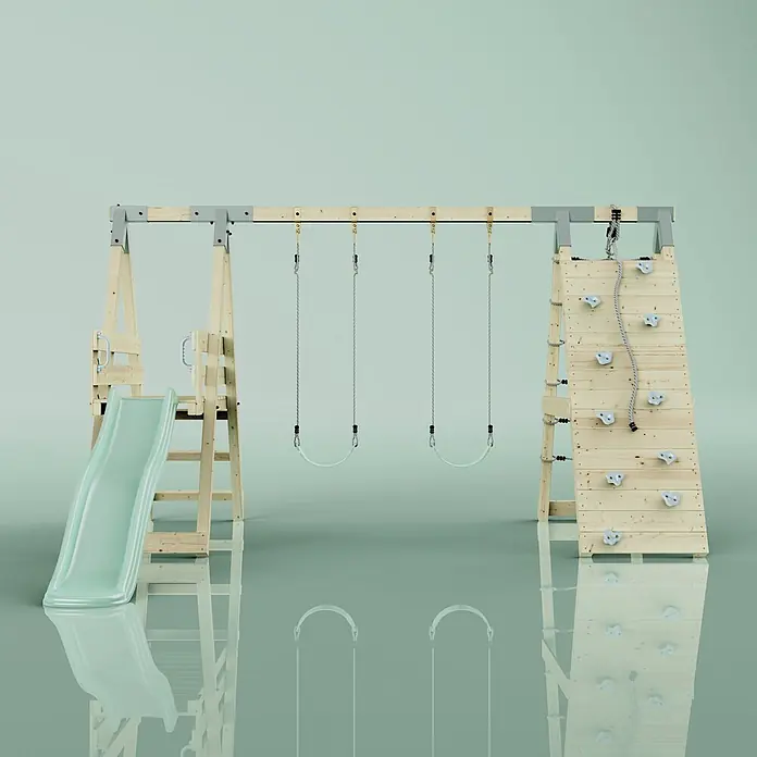 OutdoorToys Schaukel Klettergerüst Frosch - B x L: 288 x 370 cm, Holz - Spielturm aus Holz mit hellgrüner Rutsche, zwei Schaukeln und Kletterwand mit weißen Griffen und einem grauen Seil.