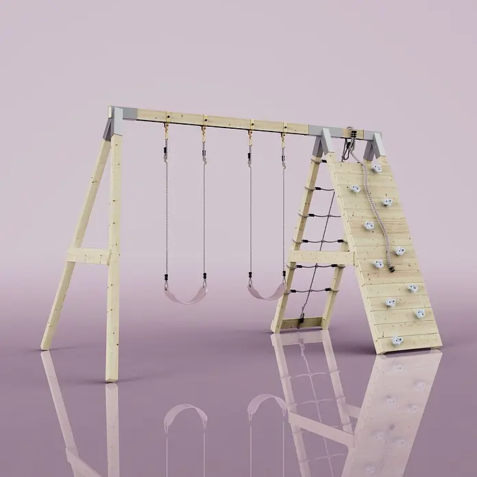 OutdoorToys Schaukel Klettergerüst Biene - B x L: 183 x 322 cm, Holz - Spielplatz aus Holz mit zwei rosa Schaukeln, einem Kletternetz und einer Kletterwand mit weißen Griffen.