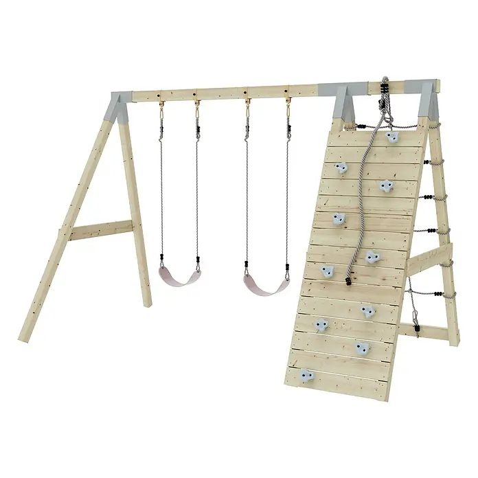 OutdoorToys Schaukel Klettergerüst Biene - B x L: 183 x 322 cm, Holz - Holzschaukel mit zwei rosa Schaukeln und einer Kletterwand mit weißen Griffen und Seil.
