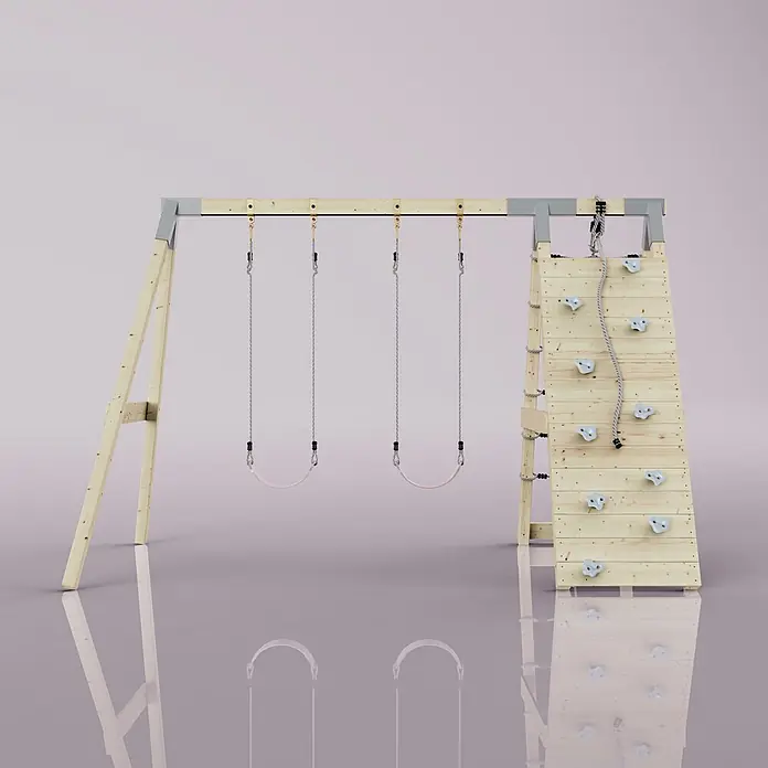 OutdoorToys Schaukel Klettergerüst Biene - B x L: 183 x 322 cm, Holz - Holzschaukelgerüst mit zwei Schaukeln und einer Kletterwand mit grauen Griffen und Seil.