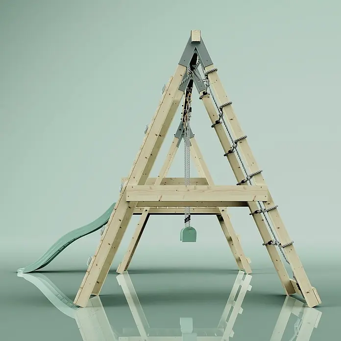 OutdoorToys Schaukel Klettergerüst Frosch - B x L: 288 x 370 cm, Holz - Hölzernes A-Rahmen-Spielgerät mit grüner Rutsche, Kletterseilen und kleiner grüner Schaukel.