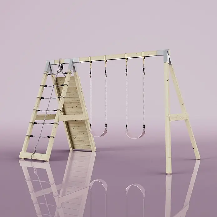 OutdoorToys Schaukel Klettergerüst Biene - B x L: 183 x 322 cm, Holz - Hölzernes A-Rahmen Klettergerüst und Schaukel mit Seilnetz an einer Seite und zwei hellrosa Schaukeln.