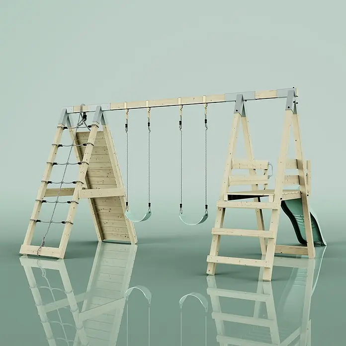 OutdoorToys Schaukel Klettergerüst Frosch - B x L: 288 x 370 cm, Holz - Spielplatz aus Holz mit Kletternetz, zwei Schaukeln und einer Rutsche. Aus Naturholz, grauem Metall und hellgrünen Akzenten.