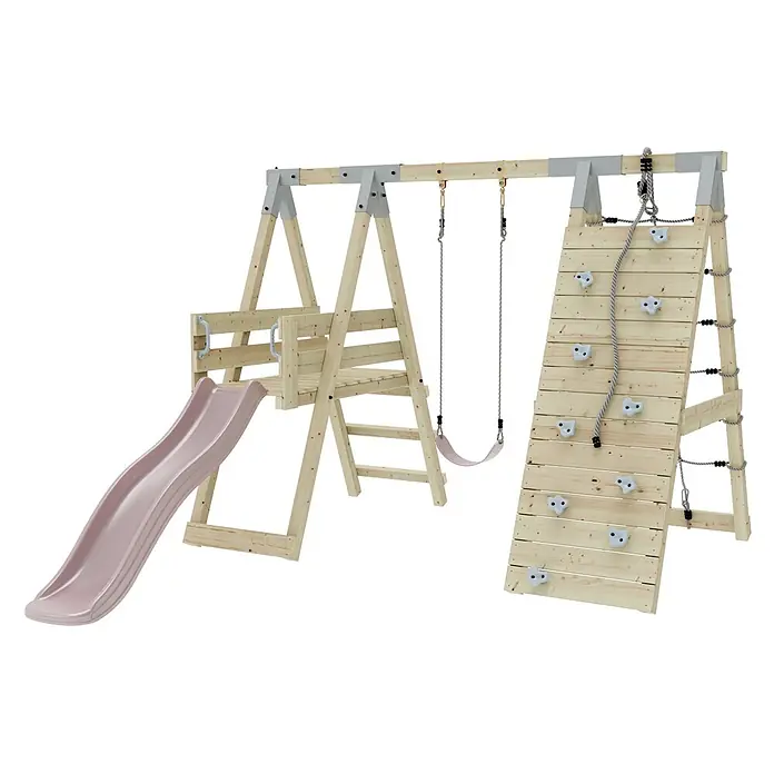 OutdoorToys Schaukel Klettergerüst Pinguin - B x L: 288 x 370 cm, Holz - Holz-Gartenspielplatz mit rosa Rutsche, zwei Schaukeln und Kletterwand mit weißen Griffen.