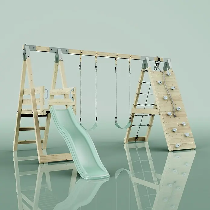 OutdoorToys Schaukel Klettergerüst Frosch - B x L: 288 x 370 cm, Holz - Hölzerner Spielplatz mit hellgrüner Rutsche, zwei Schaukeln, Kletternetz und Kletterwand.