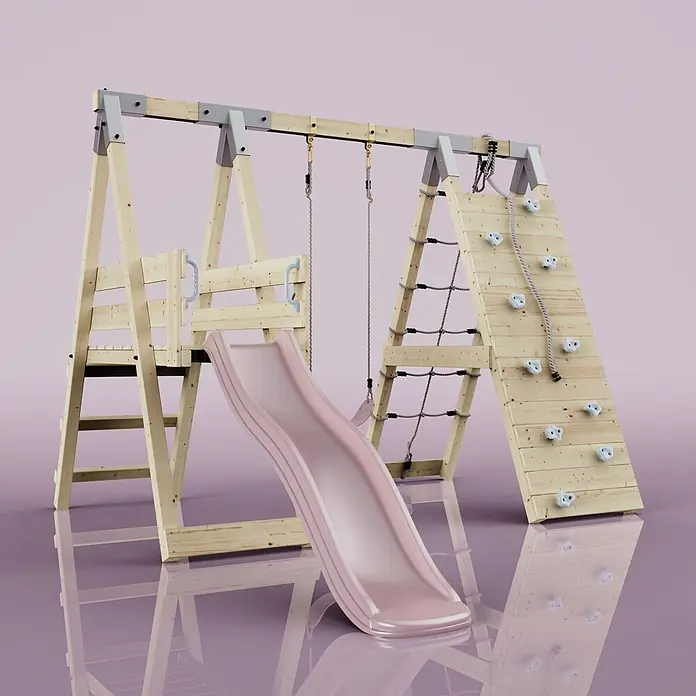 OutdoorToys Schaukel Klettergerüst Pinguin - B x L: 288 x 370 cm, Holz - Hölzernes Spielgerüst mit rosa Rutsche, Kletterwand und Seilnetz.
