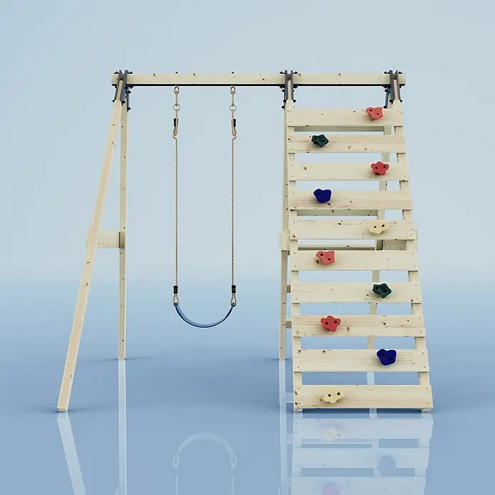 OutdoorToys Schaukel Schaukel Lavendel - B x L: 202 x 184 cm, Holz - Holzschaukel mit blauer Schaukel und Kletterwand mit bunten Griffen.
