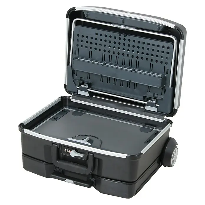 Hepco & Becker Werkzeugkoffer Vision 2100 mit abnehmbaren Trolley - L x B x H: 415 x 540 x 280 mm - Schwarzer, rollbarer Werkzeugkoffer mit silberfarbenen Akzenten, geöffnet, zeigt das Innere mit Fächern und Werkzeugablagen.