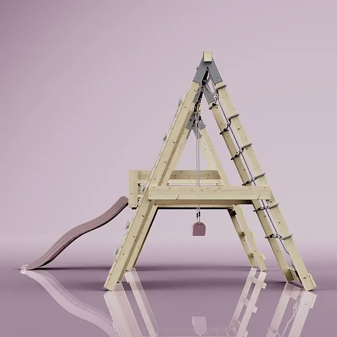 OutdoorToys Schaukel Klettergerüst Pinguin - B x L: 288 x 370 cm, Holz - Hölzernes A-Rahmen-Kinderspielset mit rosa Rutsche, Schaukel, Klettergriffen und Strickleiter.