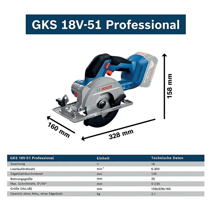 Bosch Professional AMPShare 18V Akku-Handkreissäge GKS 18V-51 - 18 V, Ohne Akku, 5.800 U/min - 6.300 U/min - Blau-silberne Bosch GKS 18V-51 Professional Akku-Kreissäge, gezeigt mit Maßen von 328mm Länge, 158mm Höhe und 160mm Breite.