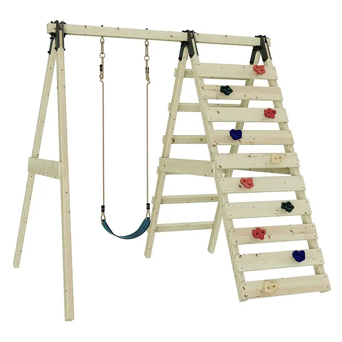 OutdoorToys Schaukel Schaukel Lavendel - B x L: 202 x 184 cm, Holz - Holzspielgerät mit Schaukel und Kletterwand mit bunten Griffen.