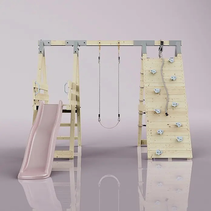OutdoorToys Schaukel Klettergerüst Pinguin - B x L: 288 x 370 cm, Holz - Hölzernes Outdoor-Spielgerät mit rosa Rutsche, Schaukel und Kletterwand mit hellblauen Griffen und Seil.