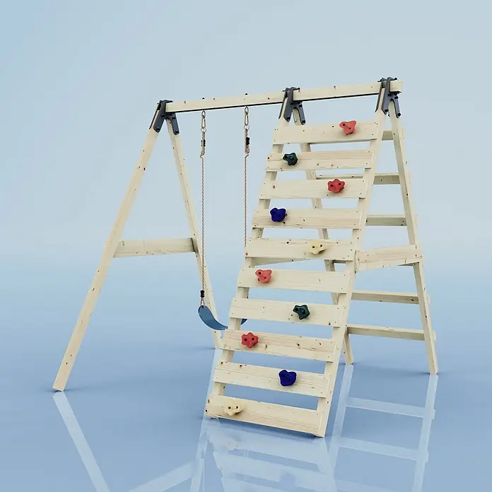 OutdoorToys Schaukel Schaukel Lavendel - B x L: 202 x 184 cm, Holz - Hölzerne Schaukel mit blauem Sitz und integrierter Kletterwand mit bunten Griffen.