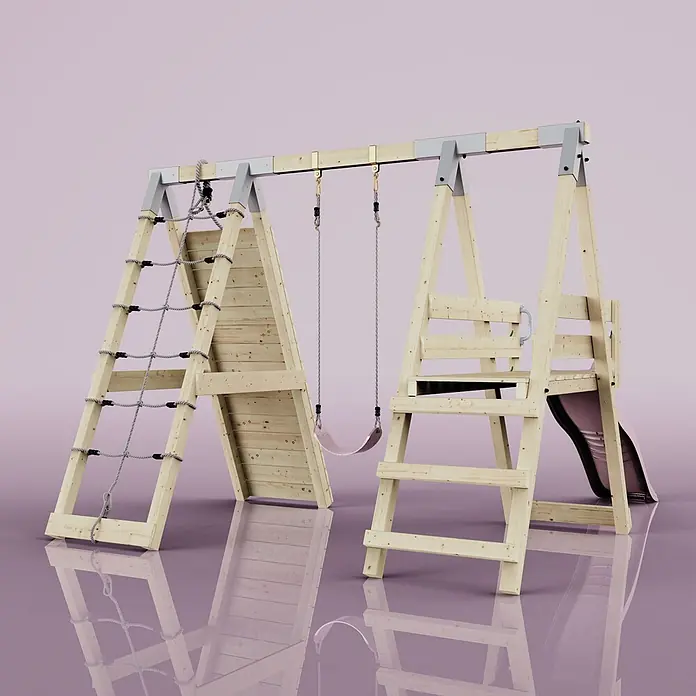 OutdoorToys Schaukel Klettergerüst Pinguin - B x L: 288 x 370 cm, Holz - Hölzernes Kinderspielgerät mit Kletternetz, Schaukel und Rutsche.