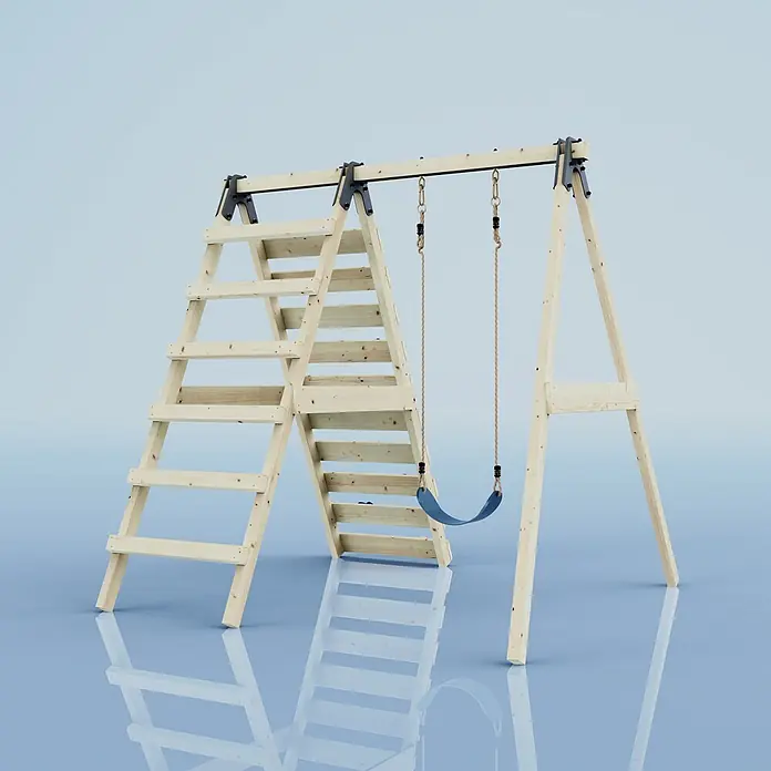 OutdoorToys Schaukel Schaukel Lavendel - B x L: 202 x 184 cm, Holz - Schaukelgerüst aus Naturholz mit integrierter Leiter und blauem Schaukelsitz.
