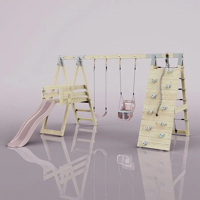 OutdoorToys Schaukel Klettergerüst Schmetterling - B x L: 288 x 370 cm, Holz - Hölzernes Kinderspielgerüst mit rosa Rutsche, zwei rosa Schaukeln und Kletterwand mit weißen Griffen.