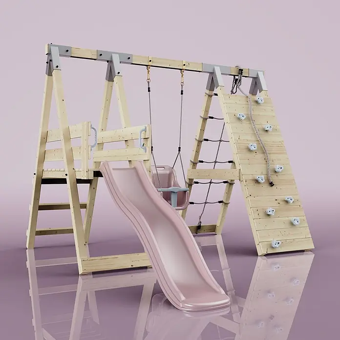OutdoorToys Schaukel Klettergerüst Hummel - B x L: 288 x 370 cm, Holz - Holzspielplatz mit rosa Rutsche, rosa Babyschaukel, Kletternetz und Kletterwand, mit grauen Metallverbindungen.