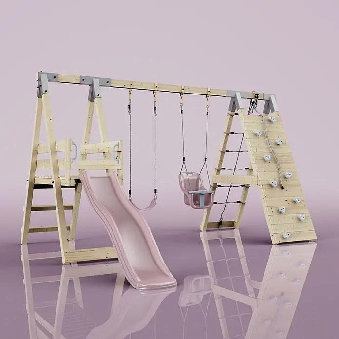 OutdoorToys Schaukel Klettergerüst Schmetterling - B x L: 288 x 370 cm, Holz - Spielturm aus Holz mit rosa Rutsche, zwei Schaukeln, Kletternetz und Kletterwand.