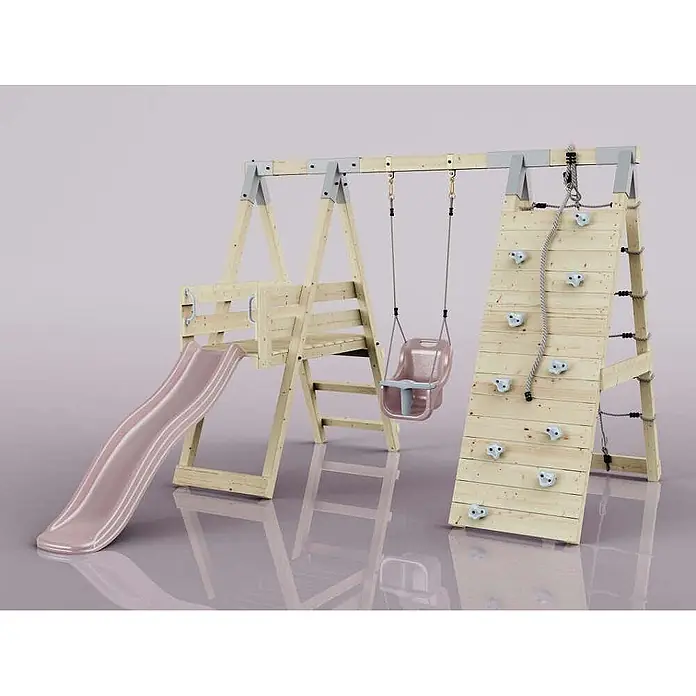 OutdoorToys Schaukel Klettergerüst Hummel - B x L: 288 x 370 cm, Holz - Hölzernes Kinderspielgerät mit rosa Rutsche, rosa Babyschaukel und Kletterwand mit Seil.