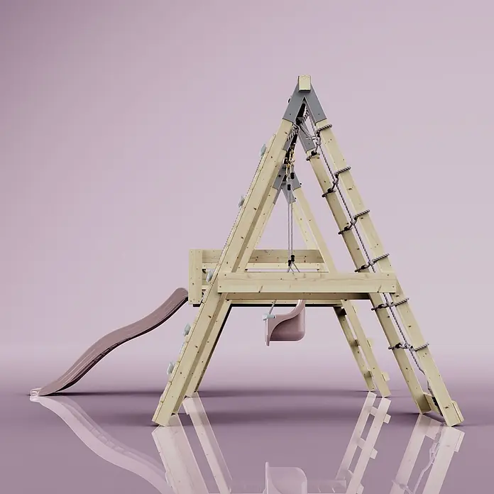 OutdoorToys Schaukel Klettergerüst Hummel - B x L: 288 x 370 cm, Holz - Hölzernes A-Rahmen-Spielset mit rosa Rutsche, Babyschaukel, Klettergriffen und Strickleiter.