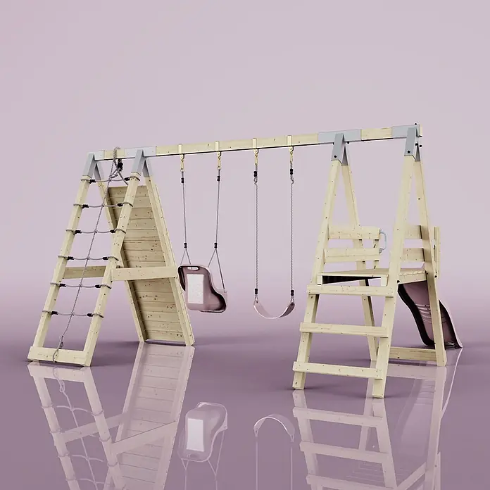 OutdoorToys Schaukel Klettergerüst Schmetterling - B x L: 288 x 370 cm, Holz - Hellholz-Spielplatzset mit Kletternetz, einer rosa Babyschaukel, einer rosa Schaukel und einer rosa Rutsche.