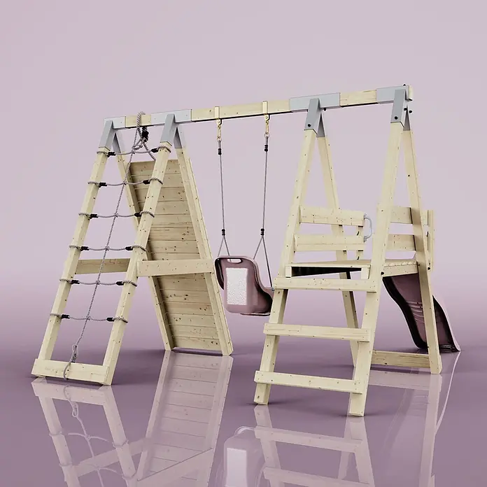 OutdoorToys Schaukel Klettergerüst Hummel - B x L: 288 x 370 cm, Holz - Hölzernes Spielgerüst mit Kletternetz, brauner Kunststoffschaukel und Rutsche. Helle Holzstruktur mit grauen Metallverbindungen.