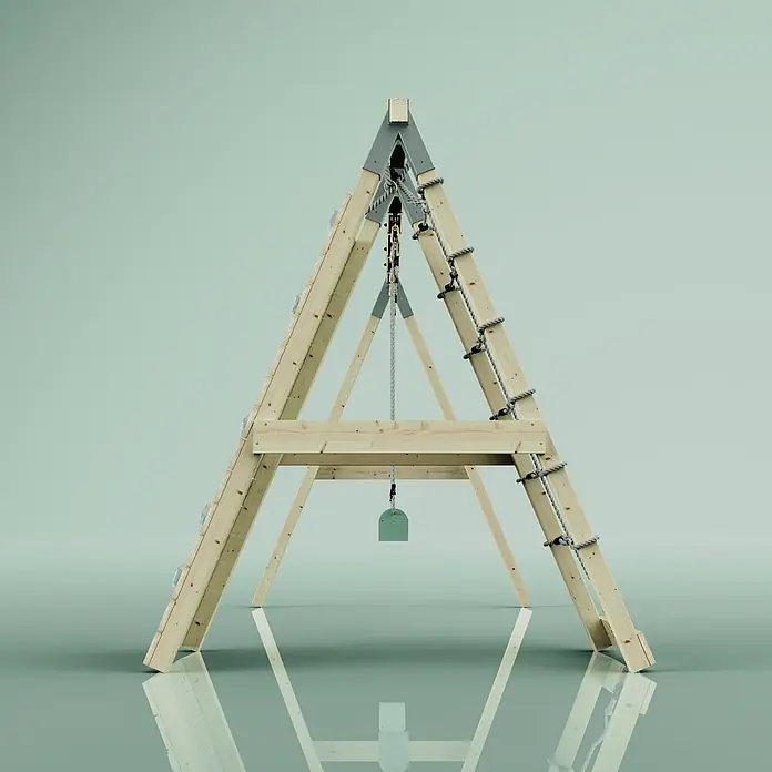 OutdoorToys Schaukel Klettergerüst Biene - B x L: 183 x 322 cm, Holz - Hölzernes A-Rahmen Schaukel- oder Klettergerüst mit grauen Metallstreben, Seilen und einem grünen schaufelförmigen Hängespielzeug.