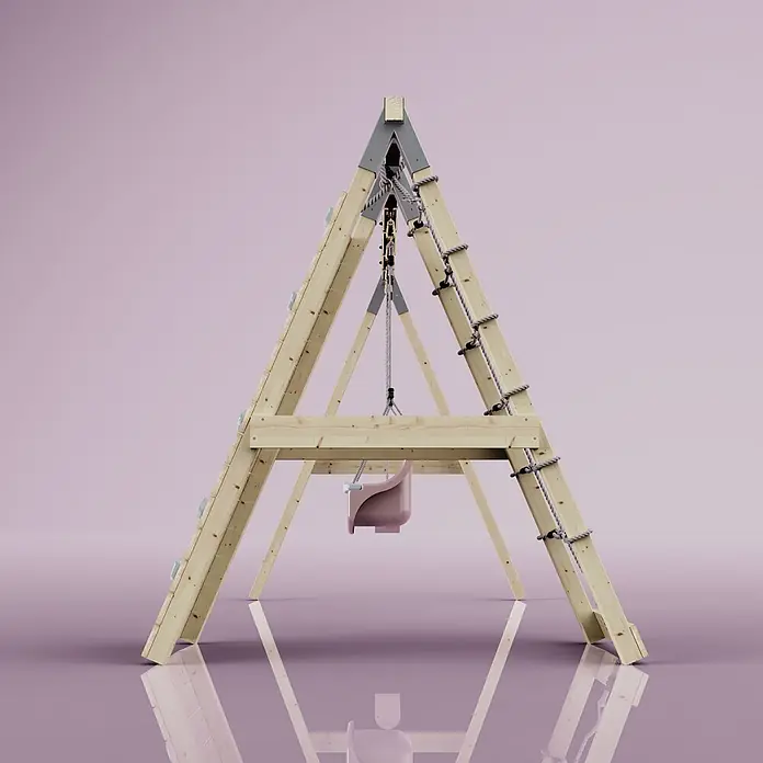 OutdoorToys Schaukel Klettergerüst Kuckuck - B x L: 183 x 322 cm, Holz - Hölzernes A-Rahmen Klettergerüst mit rosa Babyschaukel, Klettergriffen und Seilen.