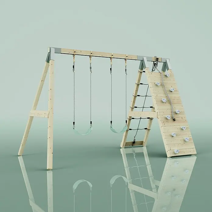 OutdoorToys Schaukel Klettergerüst Biene - B x L: 183 x 322 cm, Holz - Hölzerne Schaukelanlage mit zwei hellgrünen Schaukeln, Kletternetz und Kletterwand mit weißen Griffen.