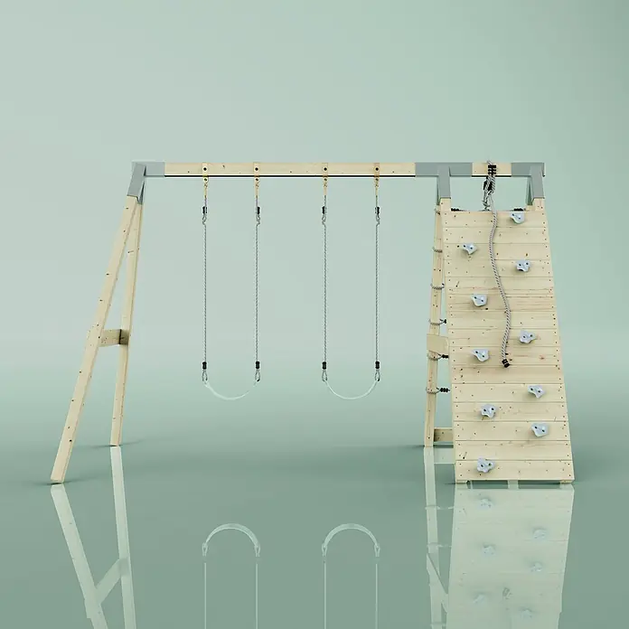 OutdoorToys Schaukel Klettergerüst Biene - B x L: 183 x 322 cm, Holz - Schaukelgerüst aus Holz mit zwei Schaukeln und einer Kletterwand mit weißen Griffen und Seil.