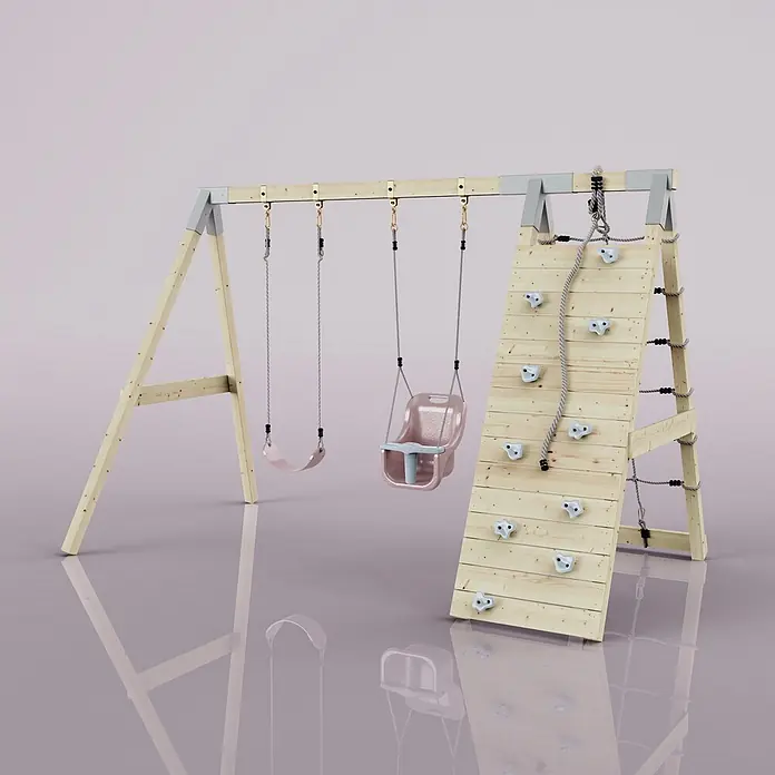 OutdoorToys Schaukel Klettergerüst Kuckuck - B x L: 183 x 322 cm, Holz - Holzschaukel mit zwei rosa Schaukeln und Kletterwand mit weißen Griffen und Seil. Ideal für den Spielplatz im Freien.