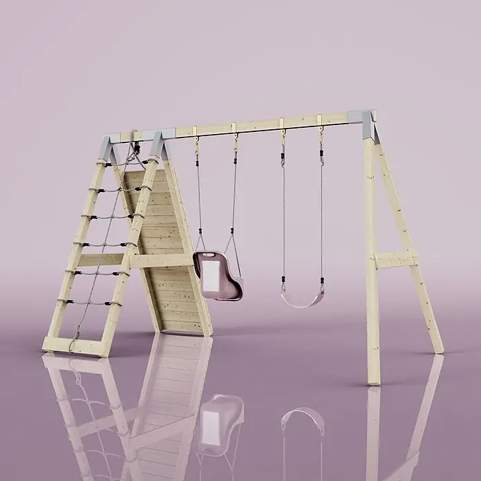 OutdoorToys Schaukel Klettergerüst Kuckuck - B x L: 183 x 322 cm, Holz - Holzschaukelgestell mit Kletternetz und zwei hellrosa Schaukeln, eine Baby- und eine normale Schaukel.